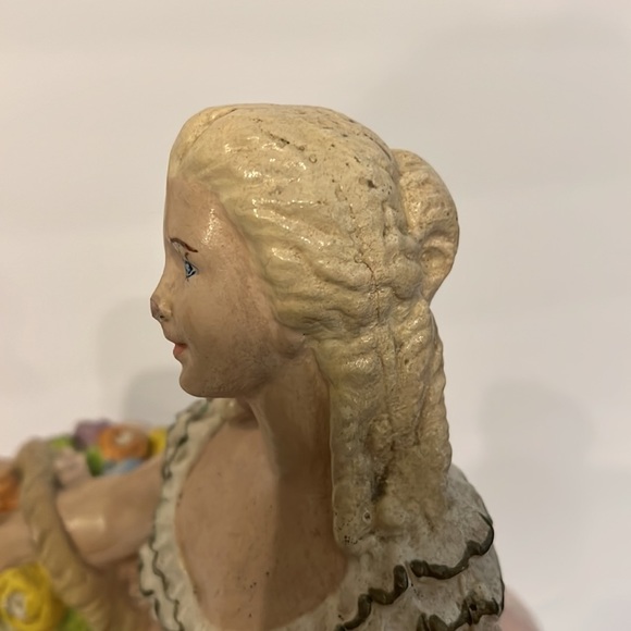 Vintage Chalkware 12” Victorian Lady With 2 Baskets of Flowers Figurine Doorstop - Picture 4 of 16